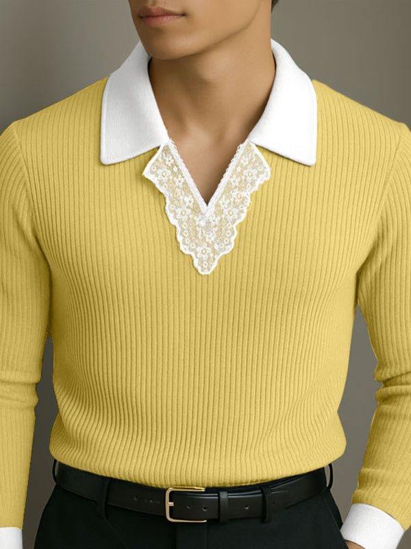 Men's Lace Patchwork Contrast Lapel Long Sleeve Shirt SKUL25985