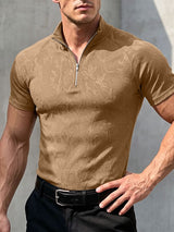 Men's Quiet Luxury Jacquard Floral Metal Quarter Zip Short Sleeve Mock Neck T-shirt SKUL83509