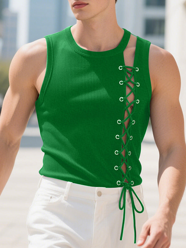 Mens Solid Color Knit Cross Tie Hollow Tank SKUL16798