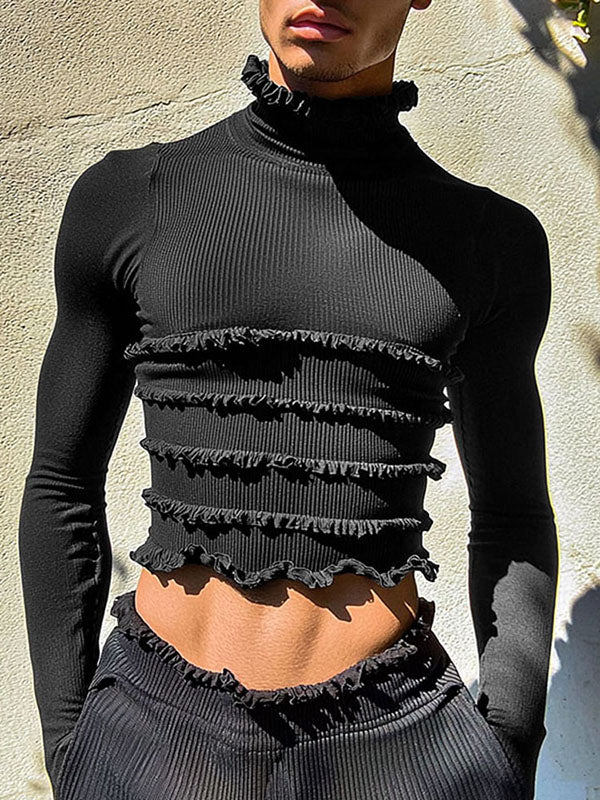 Mens Ruffle Collar Fitted Knit Long Sleeve T-Shirt SKUK83092 – INCERUNMEN