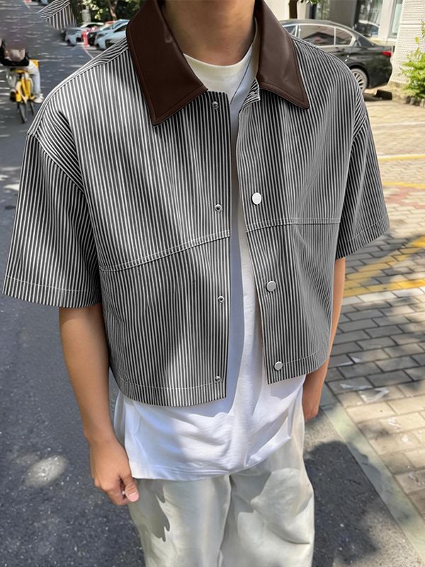 Men's Striped Utility Cropped Short Sleeve Shirt SKUL58669