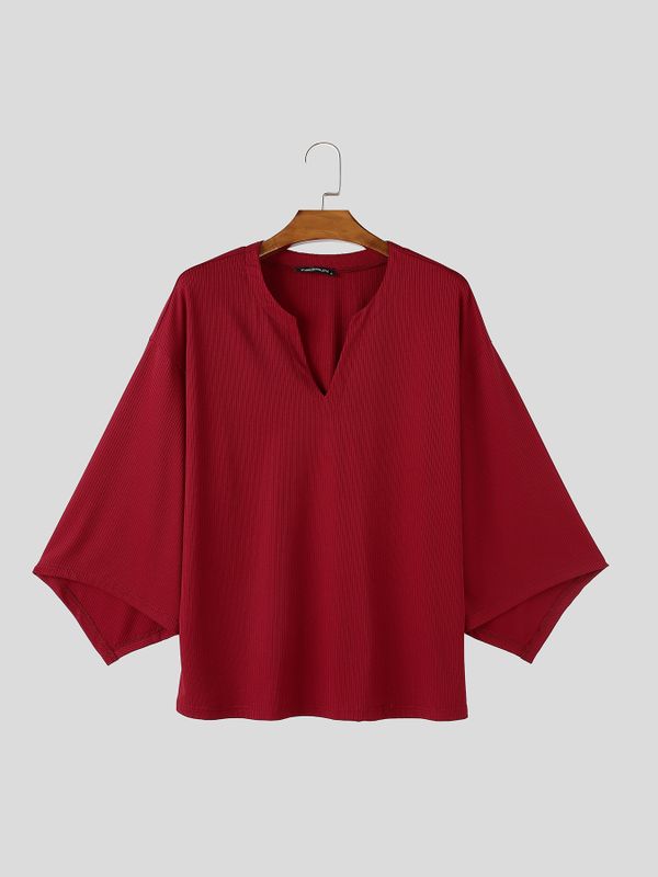 Men's Avant-Garde Minimalist Ribbed Deep V-Neck Wide Sleeve T-shirt SKUL81108