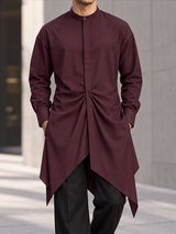 [Pre-order] Men's Zen Minimalist Tea Gathering Waist Gathering Pleated Asymmetric Pointed Hem Stand Collar Shirt SKUL89083