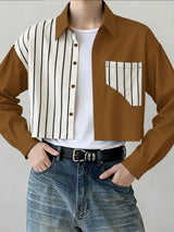 Men's Stripe Patchwork Contrast Color Cropped Short Sleeve Shirt SKUL41292