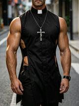 Men's Avant-Garde Clergy Collar Side-Cutout Longline Tank SKUL73685