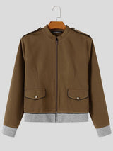 Men's Retro Early Autumn Military Piping Flap Pocket Slim Fit Waist Length Long Sleeve Bomber Jacket SKUL82455