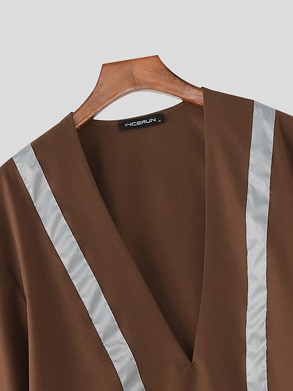 Men's Contrast Stripe Loose Deep V Neck Long Sleeve T-shirt SKUL51924