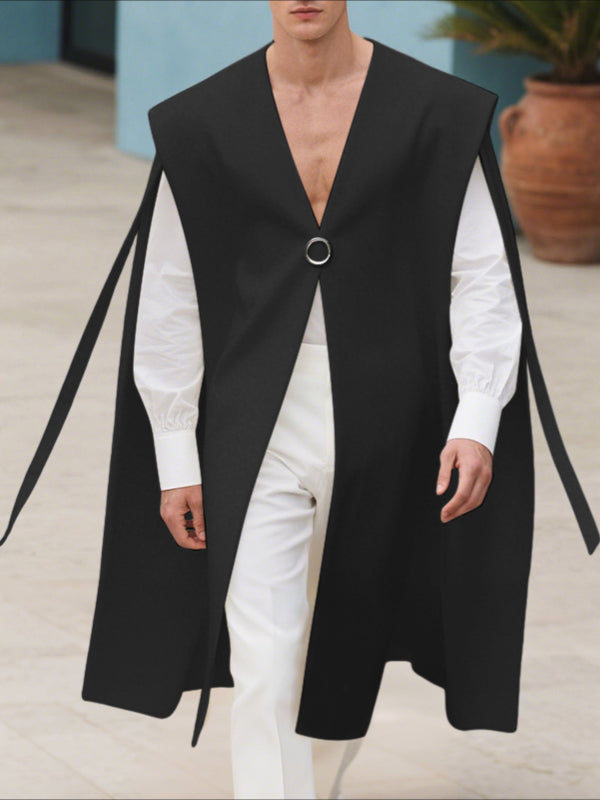 Men's Solid Color Ribbon Patchwork Casual Cloak SKUL37245