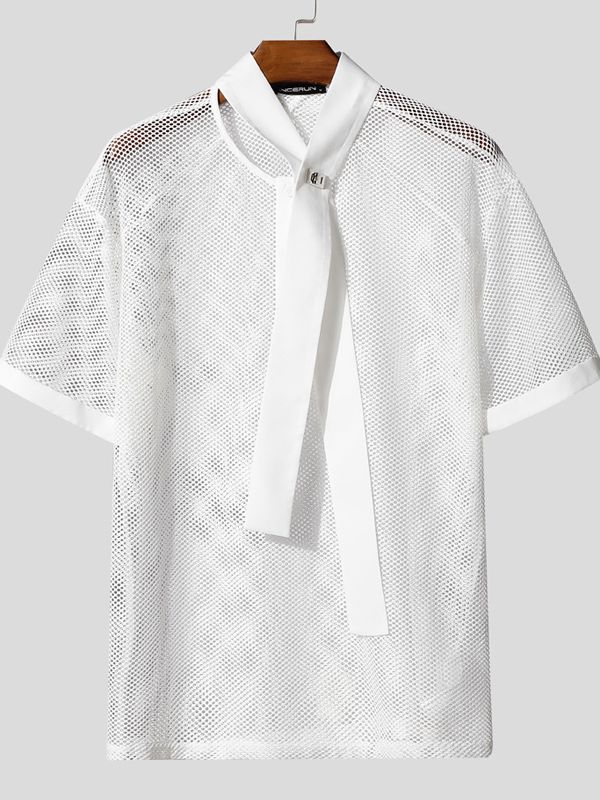 Men's Sheer Mesh Short Sleeve Tie Shirt SKUL41659