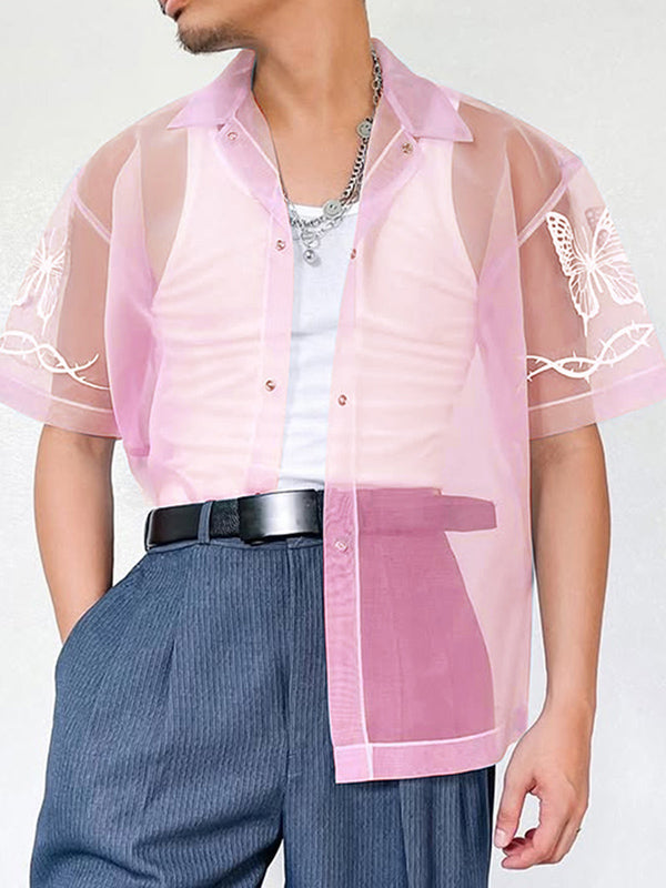 Mens Butterfly Print Mesh Sheer Short Sleeve Shirt SKUL08501