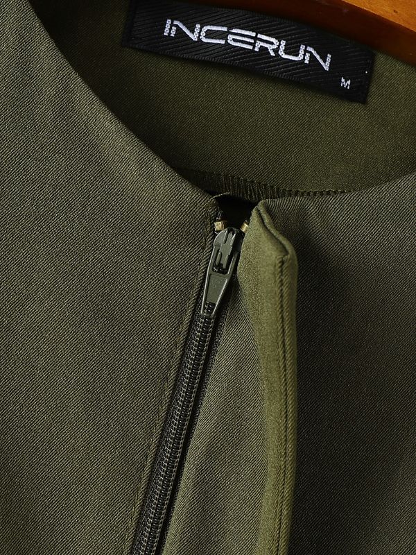 Men's Korean Minimalist Collarless Hidden Placket Boxy Cropped Long Sleeve Shirt SKUL76488