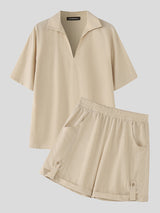 Men's Solid Color V Neck Lapel Casual Two Pieces Outfit SKUL23482