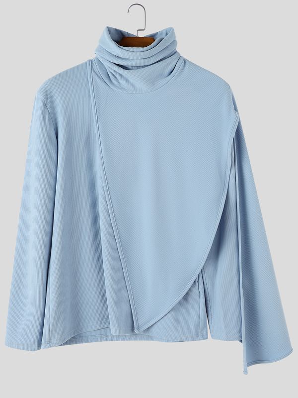 Men's Early Autumn Structural Asymmetrical Cowl-Cape Draped Ribbed Knit Sweater SKUL80476