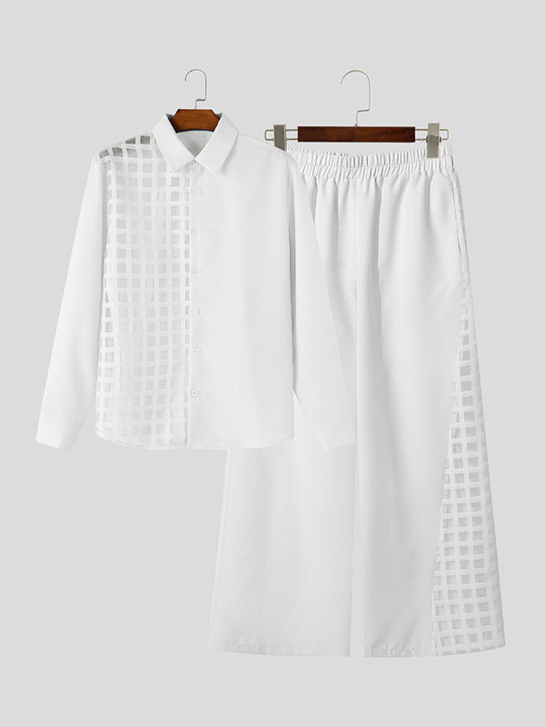 Men's Avant-Garde Vacation Resort Grid Cutout Asymmetric Sheer Two Pieces Outfit SKUL84805