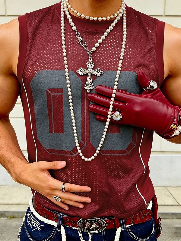 Men's High Street Retro Americana Mesh Translucent Number Graphic Slim Fitted Muscle Tank SKUL56150