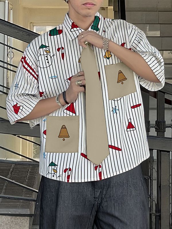Men's Christmas Print Striped Tie Half Sleeve Shirt SKUL31820