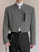 Men's Avant-Garde Pinstripe Stand Collar Asymmetrical Buckle Cropped Blazer SKUL77994