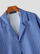 Men's Urban Retro Pinstripe Cuban Collar Boxy Cropped Long Sleeve Shirt SKUL76496