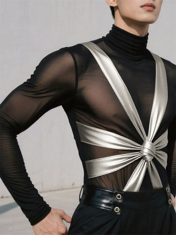 Men's Shimmer Knotted Sheer Mesh Long Sleeve T-Shirt SKUL24572