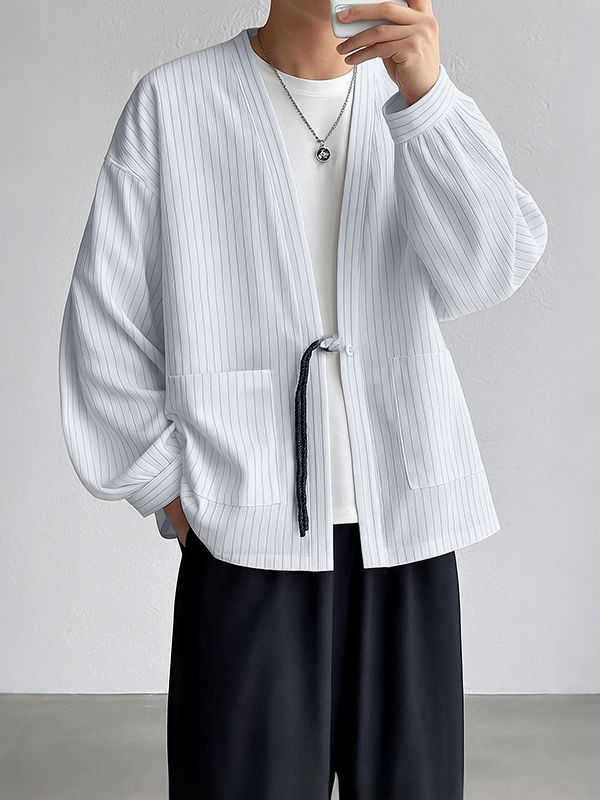 Men's Striped Colorblock Tie Long Sleeve Cardigan SKUL35249