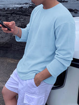 Men's Early Autumn Resort Waffle Knit Wide Ribbed Cuff Relaxed Long Sleeve T-shirt SKUL81843