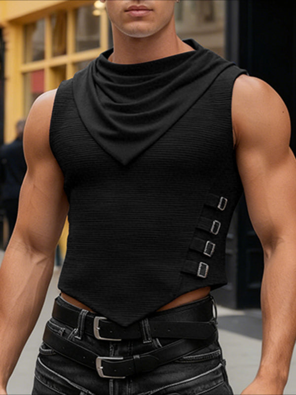 Men's Solid Color Textured Scarf Collar Tank SKUL47954