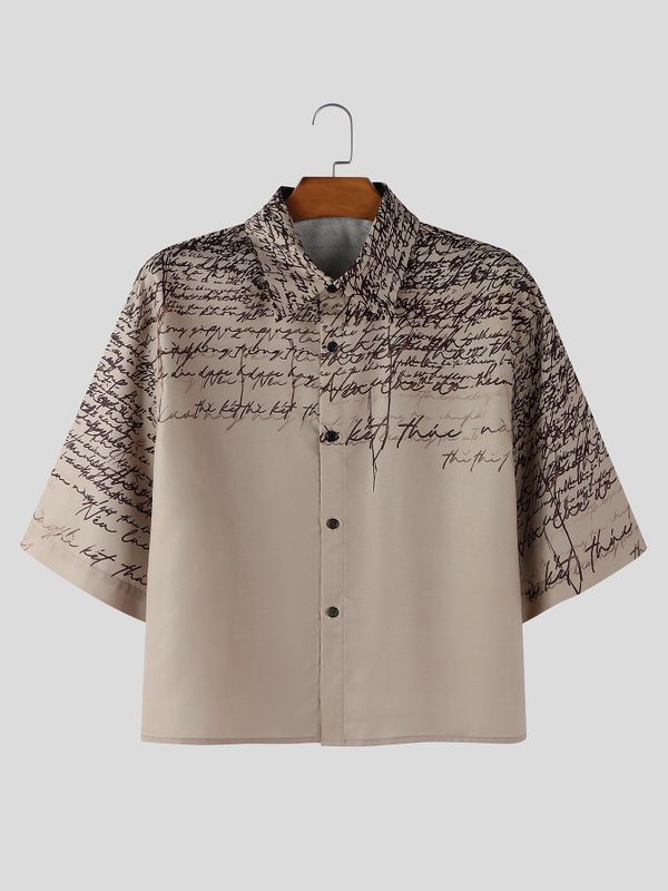Men's Calligraphy Script Print Raw Hem Short Sleeve Shirt SKUL52996