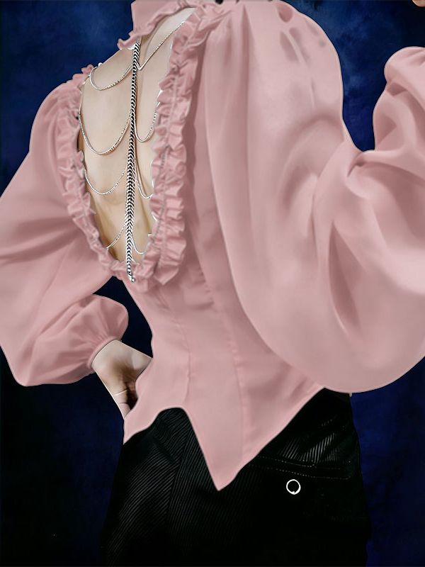 Men's Ruffle Patchwork Open Back Long Sleeve Shirt SKUL41298