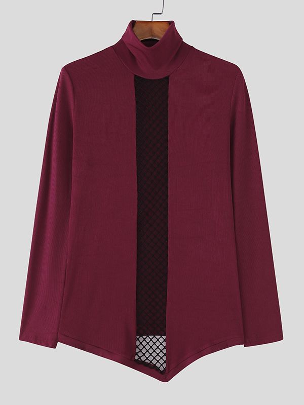 Men's Sheer Mesh Patchwork Knit Long Sleeve T-shirt SKUL45326