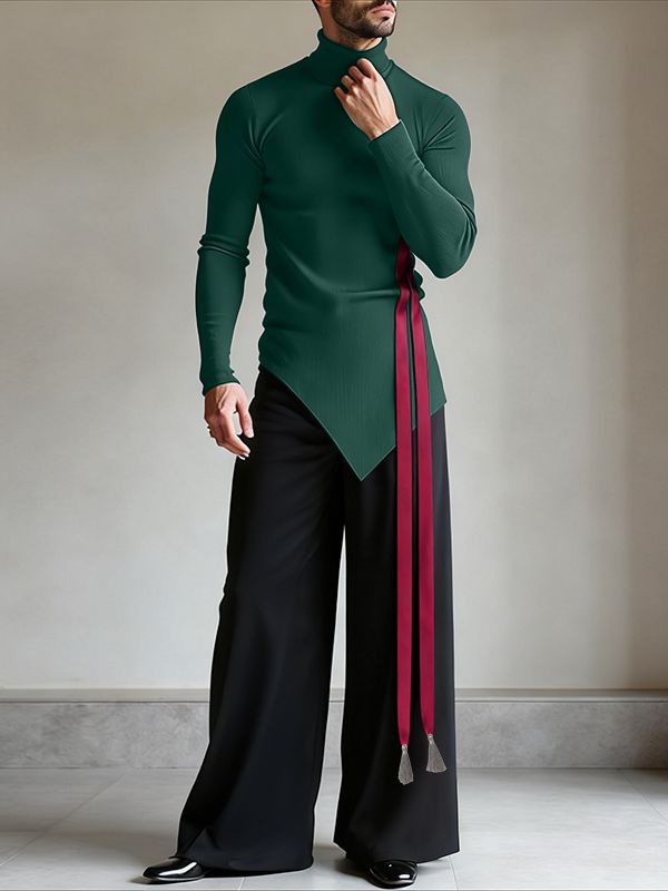 Men's Ribbon Tassel Patchwork Asymmetrical Hem High Neck Knitted T-shirt SKUL43939
