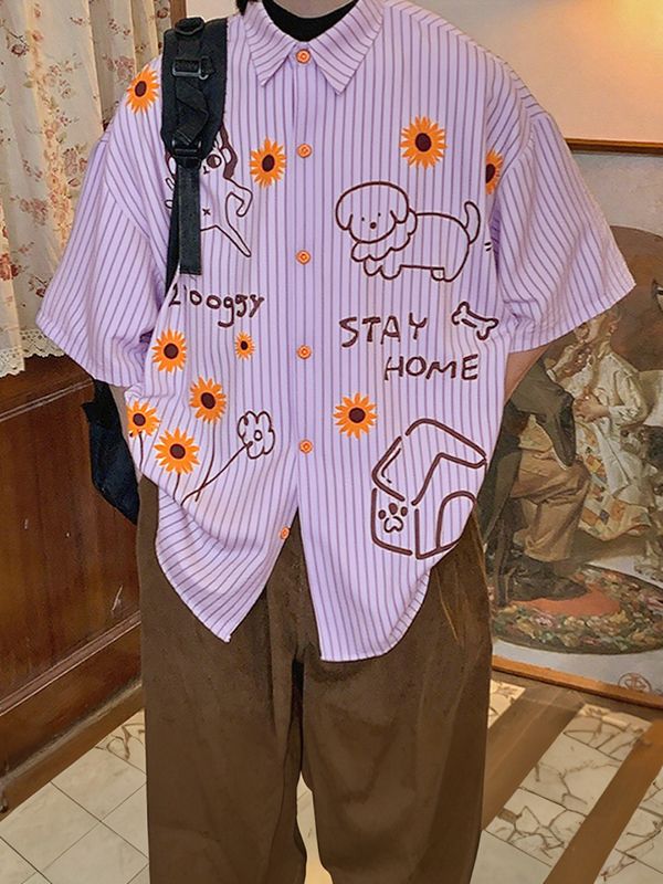 Men's Fun Print Striped Short Sleeve Shirt SKUL35365