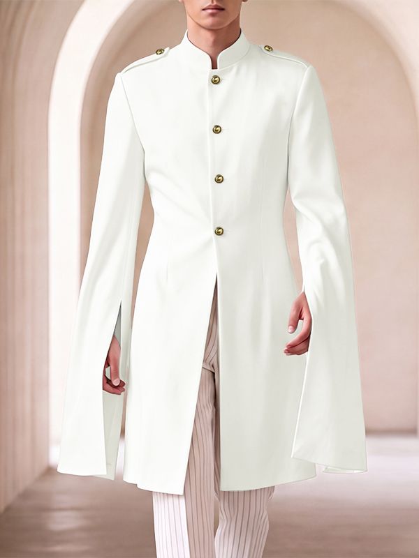 Men's Avant-Garde Runway Slit Cape Sleeve Gold Button Long Sleeve Stand Collar Knee Length Blazer SKUL81218