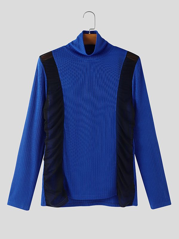 Men's Sheer Mesh Patchwork Knitted Textured High Neck Long Sleeve T-shirt SKUL43940