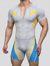 Men's Avant-Garde Racing Stripe Zip-Up Skinny Short Sleeve Zipper V-Neck Bodysuit SKUL73636