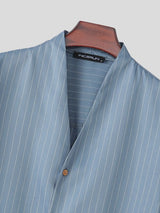 Men's Japanese Chic Pinstripe Collarless Deep V-Neck Boxy Cropped Short Sleeve Shirt SKUL68458
