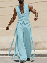 Men's Solid Color Ribbon Patchwork Two Pieces Outfit SKUL53994