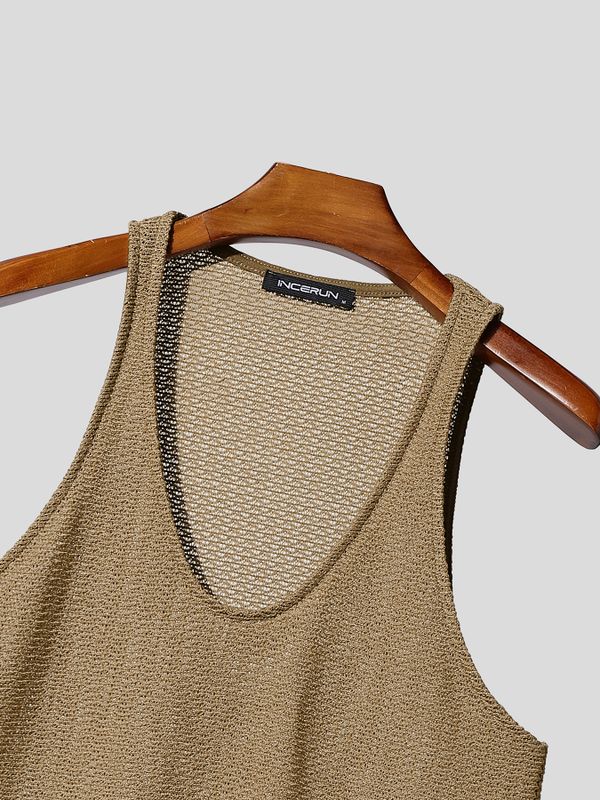 Men's Y2K High-Street Open-Knit Deep V-Neck Fitted Tank SKUL78002