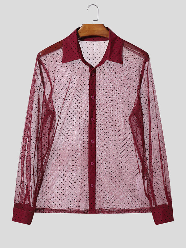 Men's Sheer Mesh Polka Dot Print Long Sleeve Shirt SKUL20217