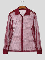 Men's Sheer Mesh Polka Dot Print Long Sleeve Shirt SKUL20217