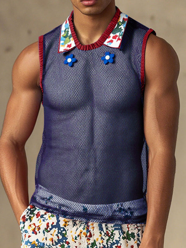 Men's Sheer Mesh Neck Colorblock Casual Tank SKUL15182
