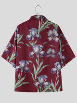 Men's Floral Print Draped Cowl Neck Relaxed Fit Short Sleeve Shirt SKUL61180