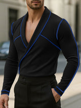 Men's Knit Color Block Trim Lapel Long Sleeve T-Shirt SKUL45325