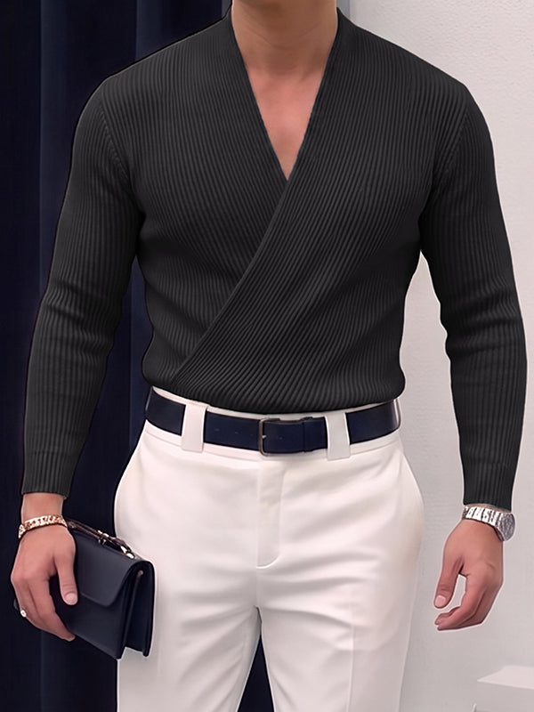Men's Early Autumn Solid Ribbed Deep V-Neck Sweater SKUL81072
