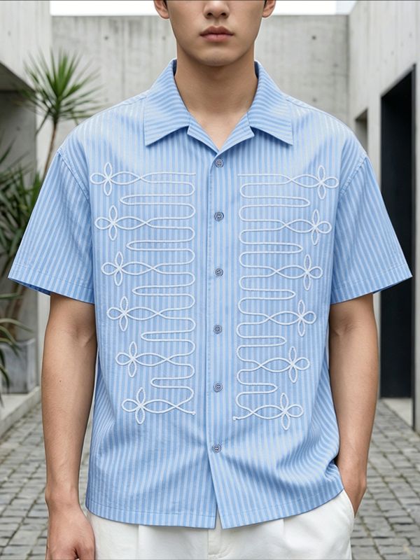 Men's High-Street Japanese Harajuku Vintage Braided Rope Print Short Sleeve Shirt SKUL69215