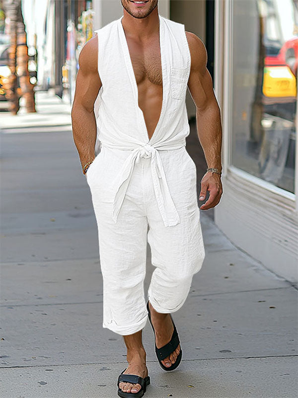 Men's Solid Color Casual Sleeveless Jumpsuit SKUL22511