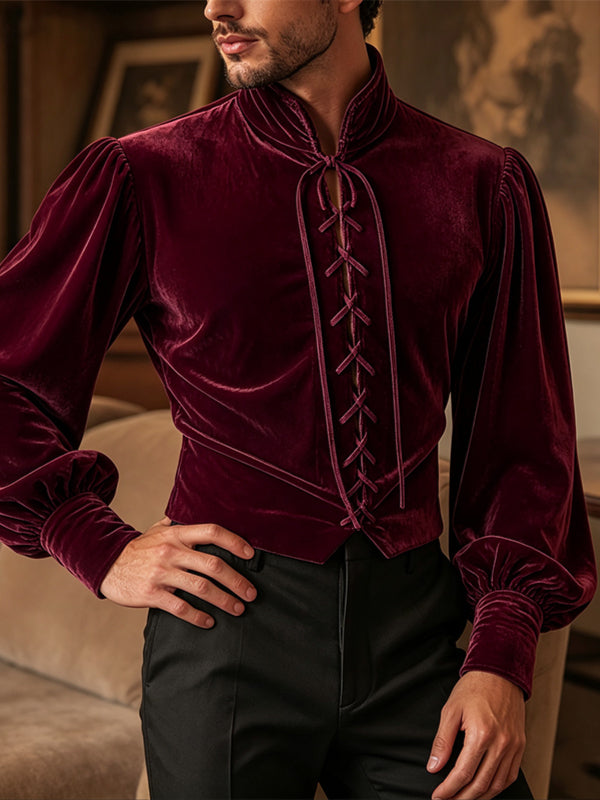 Men's Retro Aristocratic Velvet Lace-Up Mandarin Collar Poet Shirt SKUL80559