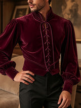 Men's Retro Aristocratic Velvet Lace-Up Mandarin Collar Poet Shirt SKUL80559