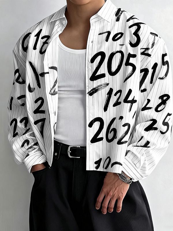 Men's Number Print Striped Long Sleeve Shirt SKUL38530