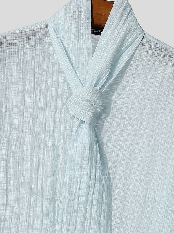 Men's Retro Party Integrated Ascot Scarf Crinkle Long Sleeve Shirt SKUL81103