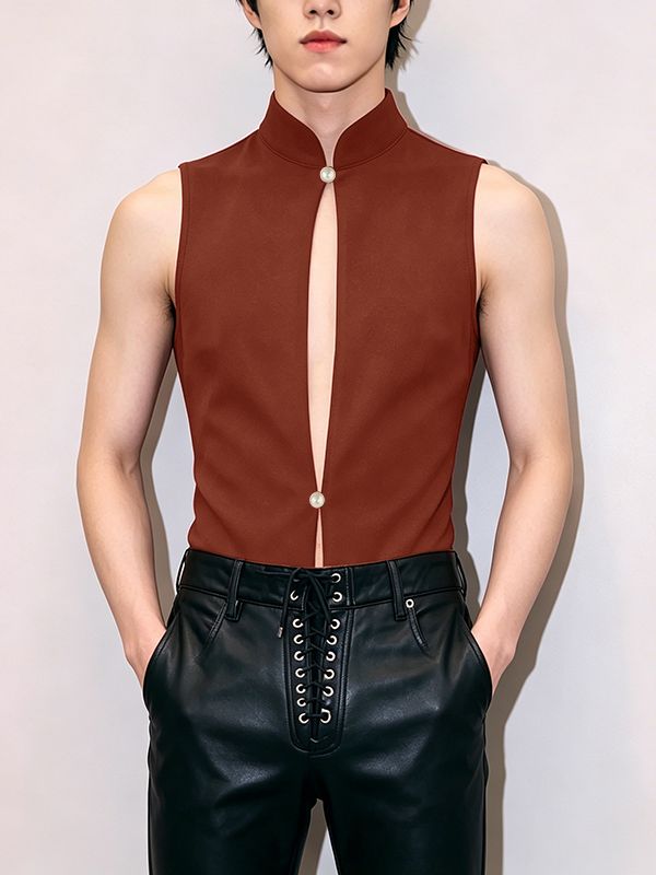 Men's Modern Chinese Rebel Aesthetic Mandarin Collar Slit Front Tank SKUL67101